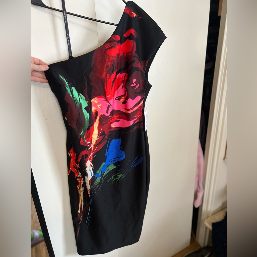 Bisou Bisou One Shoulder Black Dress With Vibrant Floral Design